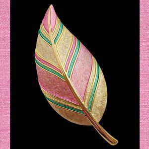 Kramer Enamel Leaf Brooch – Vintage Pink, Green & Gold Tone